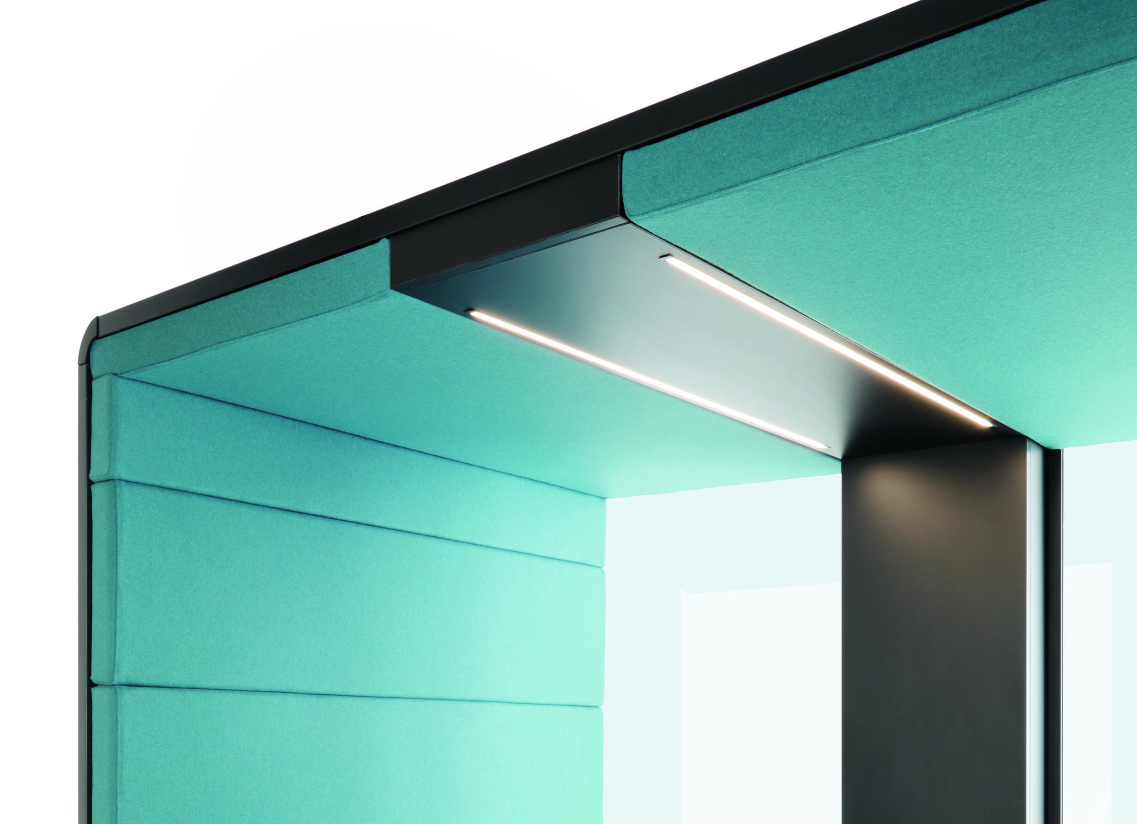 Detailaufnahme einer modernen Telefonzelle mit türkisfarbenen Akustikpaneelen und integrierter LED-Beleuchtung für Büros.