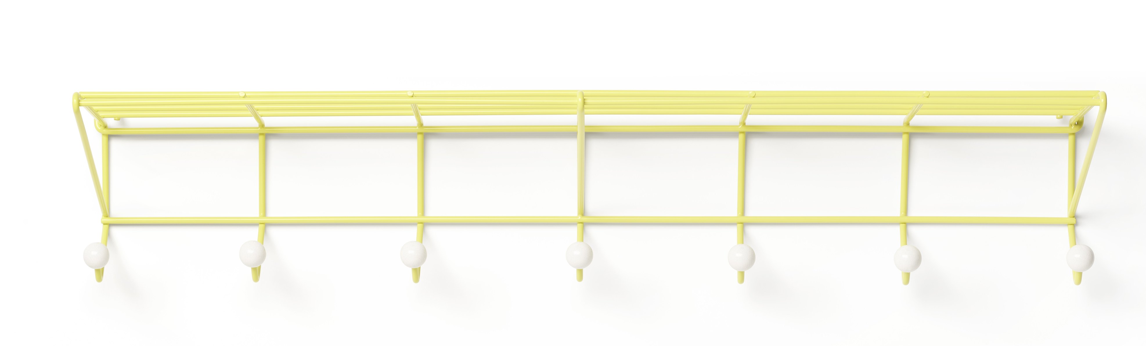 Gelbe Wandgarderobe "Spectrum" mit Ablage und sechs Haken für Jacken und Mäntel.