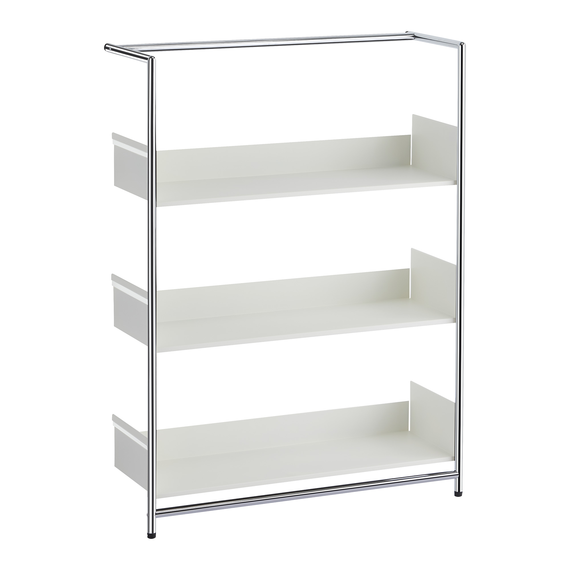 Pool 110 Anlehnregal von Mox mit drei weißen Regalböden und verchromtem Stahlgestell, freistehend.