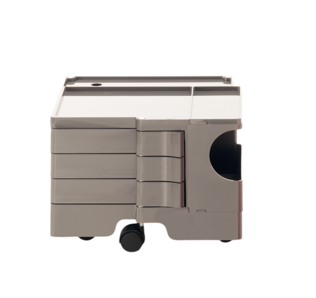 Boby B13 Rollcontainer Cumin: Moderner, grauer Rollwagen mit Schubladen und Ablageflächen auf Rollen.