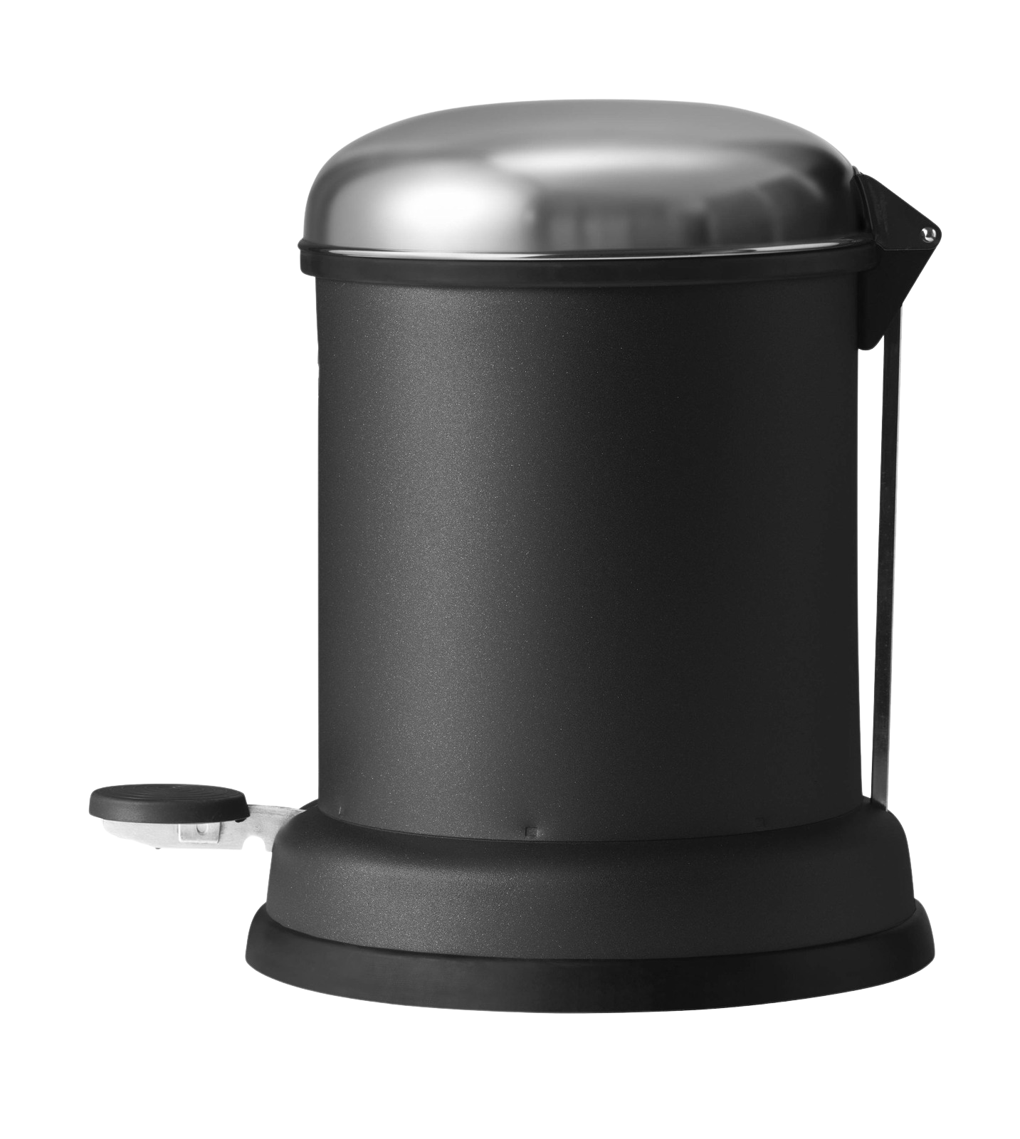 Vipp Treteimer 8 Liter in Schwarz, runder Mülleimer mit Pedal und Edelstahldeckel.