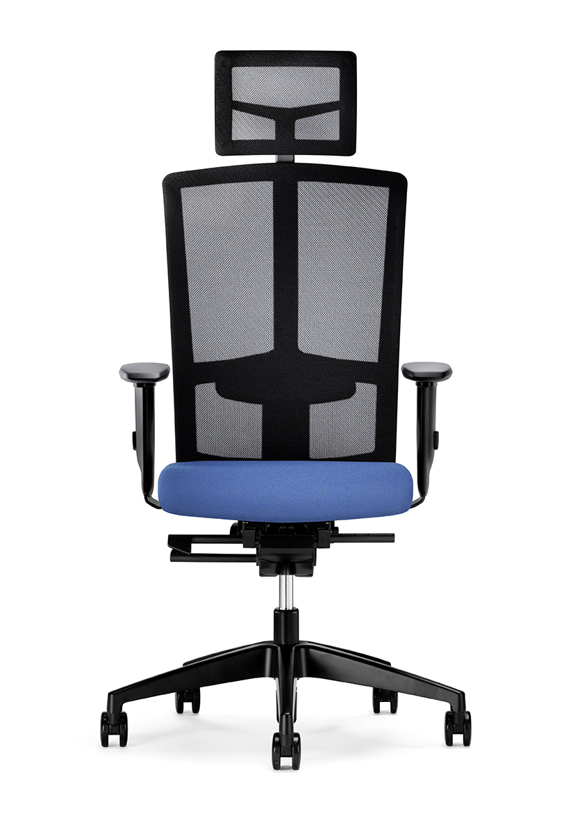 Goal-Air Drehstuhl von Interstuhl mit Netzrücken und blauer Sitzfläche, ergonomischer Bürostuhl.
