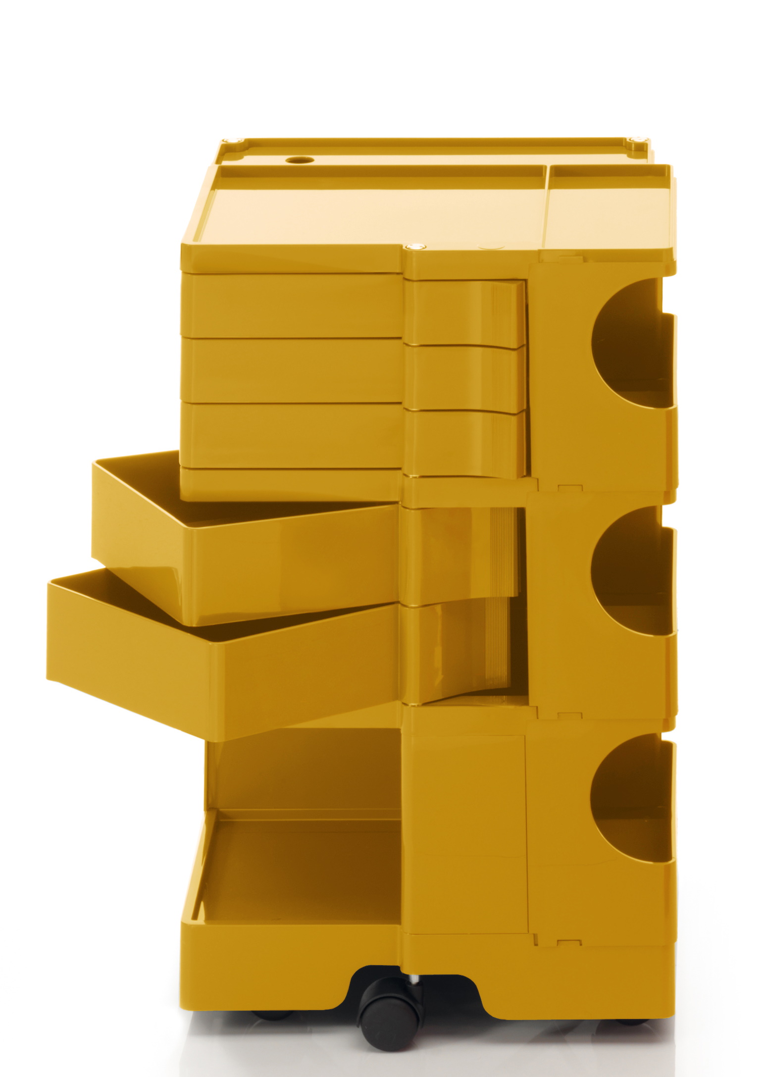 Gelber Boby Rollcontainer mit Schubladen und Fächern für Büro oder Werkstatt.