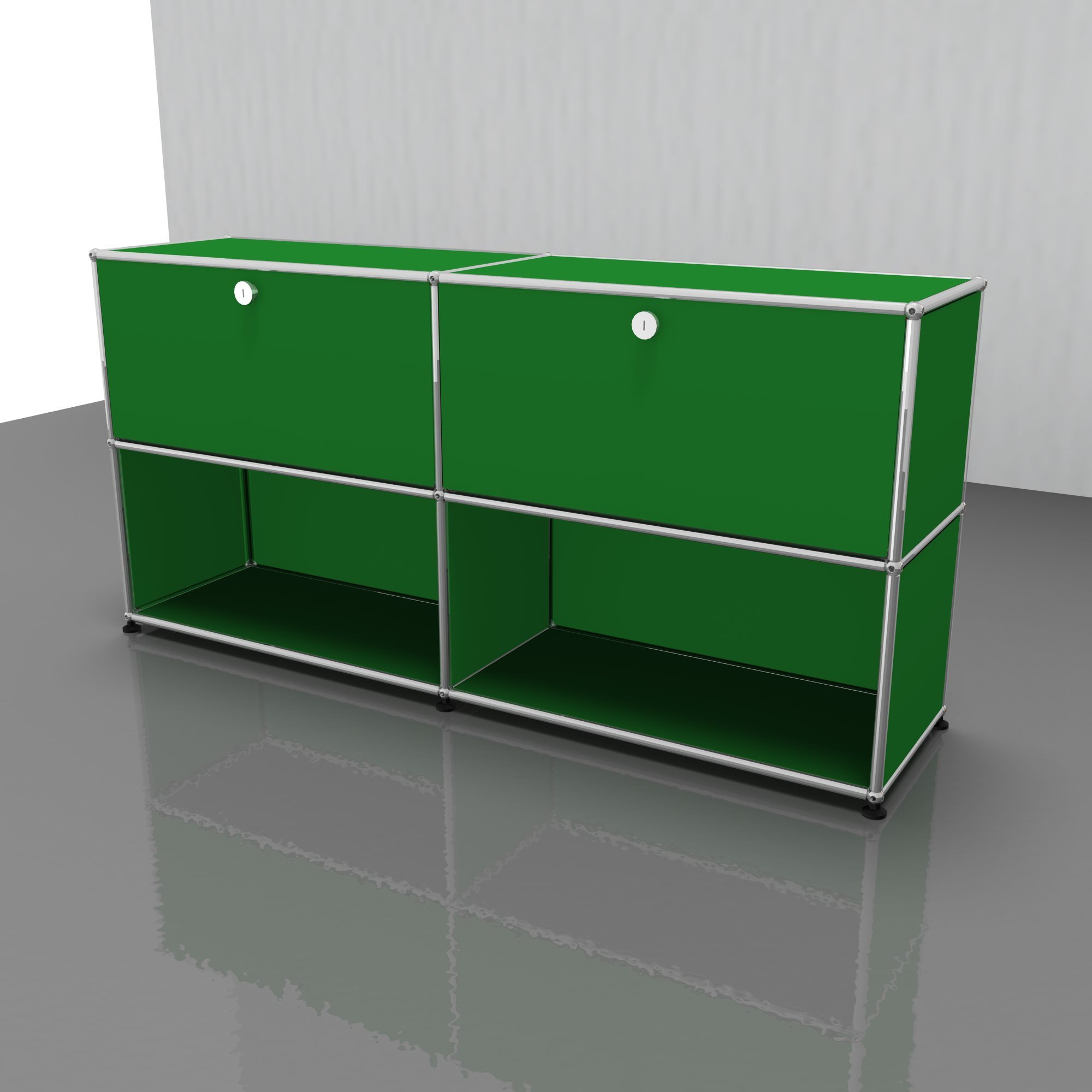 USM Haller Sideboard in Grün mit zwei Klappen, modernes Designmöbel für Wohnzimmer und Büro.