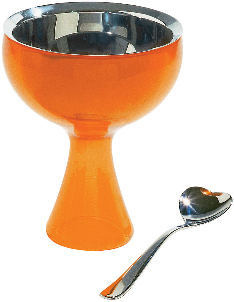 Oranger Alessi Eisbecher "Big Love" mit Edelstahleinsatz und Löffel in Herzform.