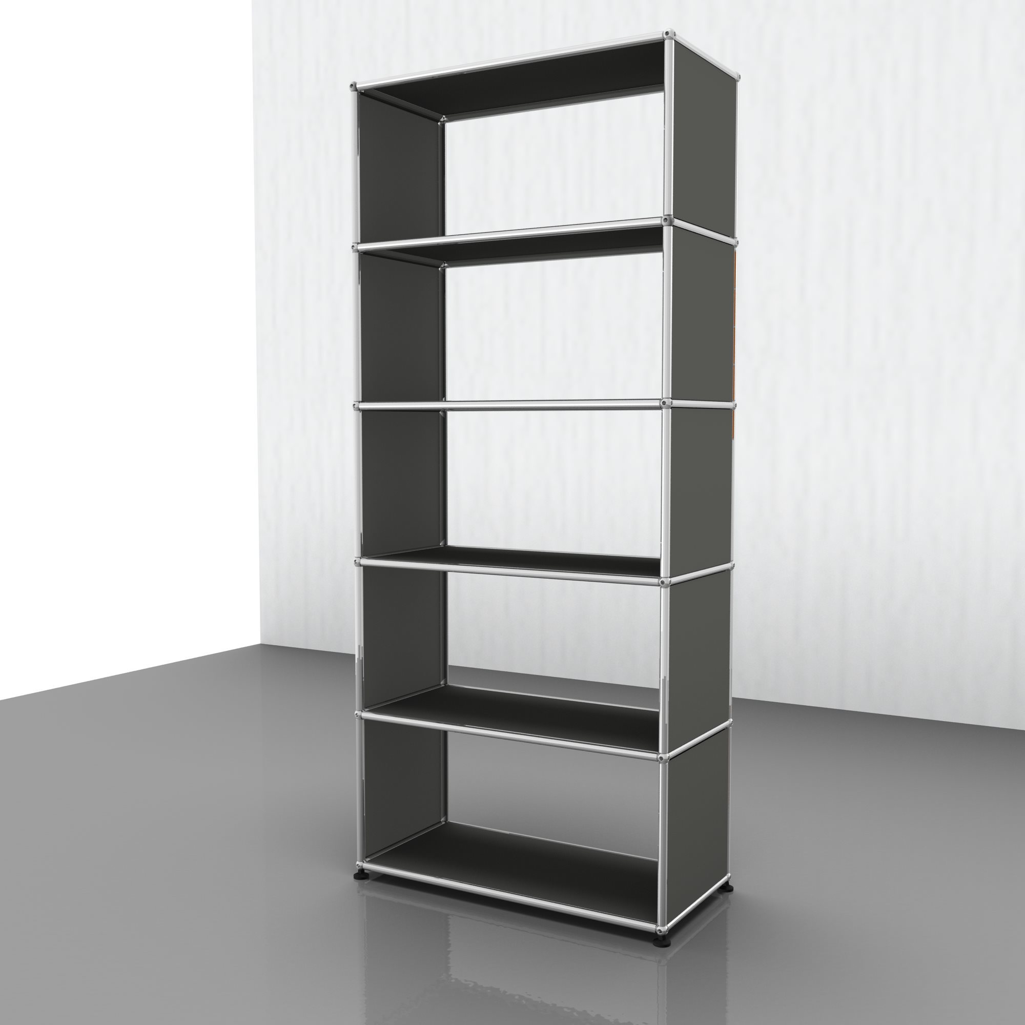 Mittelgraues USM Haller Regal mit fünf Fächern, modernes modulares Regalsystem für Wohnen und Büro.
