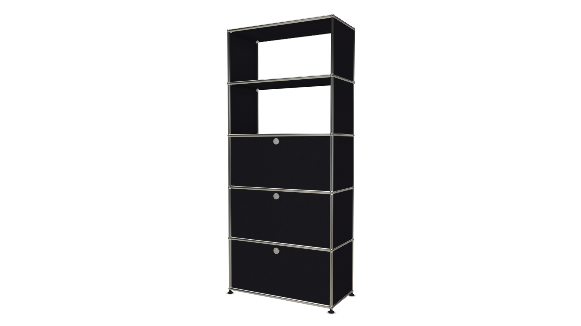 Schwarzes USM Haller Regal mit einer Schublade und zwei Klappen für modernes Wohnen und Büro.