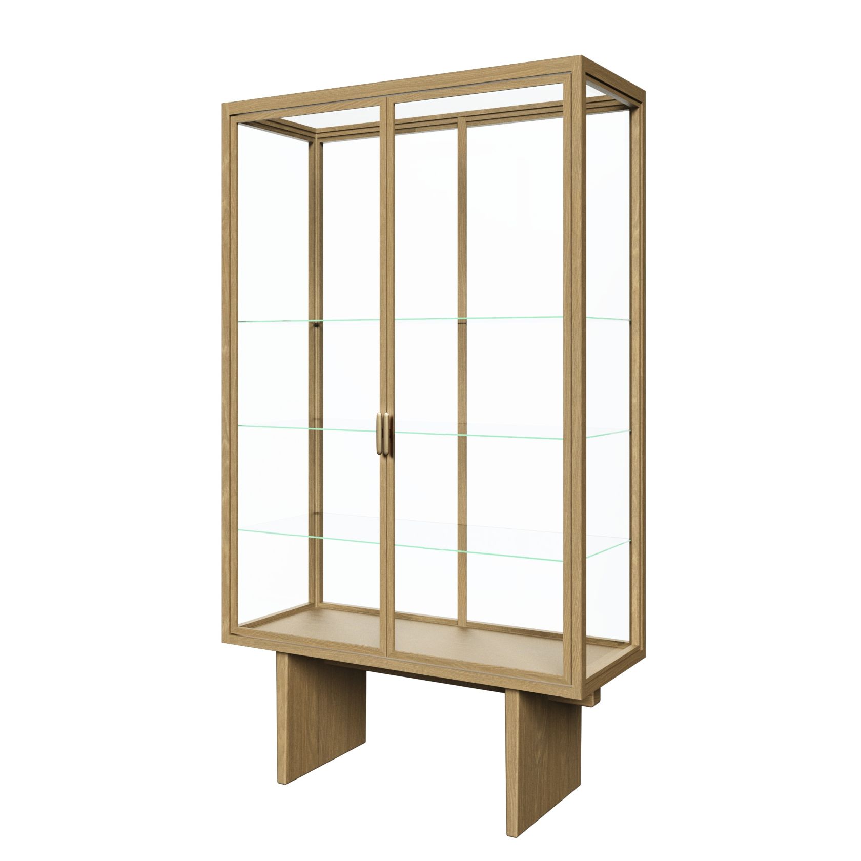 Helle Eichenholz Vitrine mit Glastüren und Glasböden für Wohnzimmer oder Esszimmer.