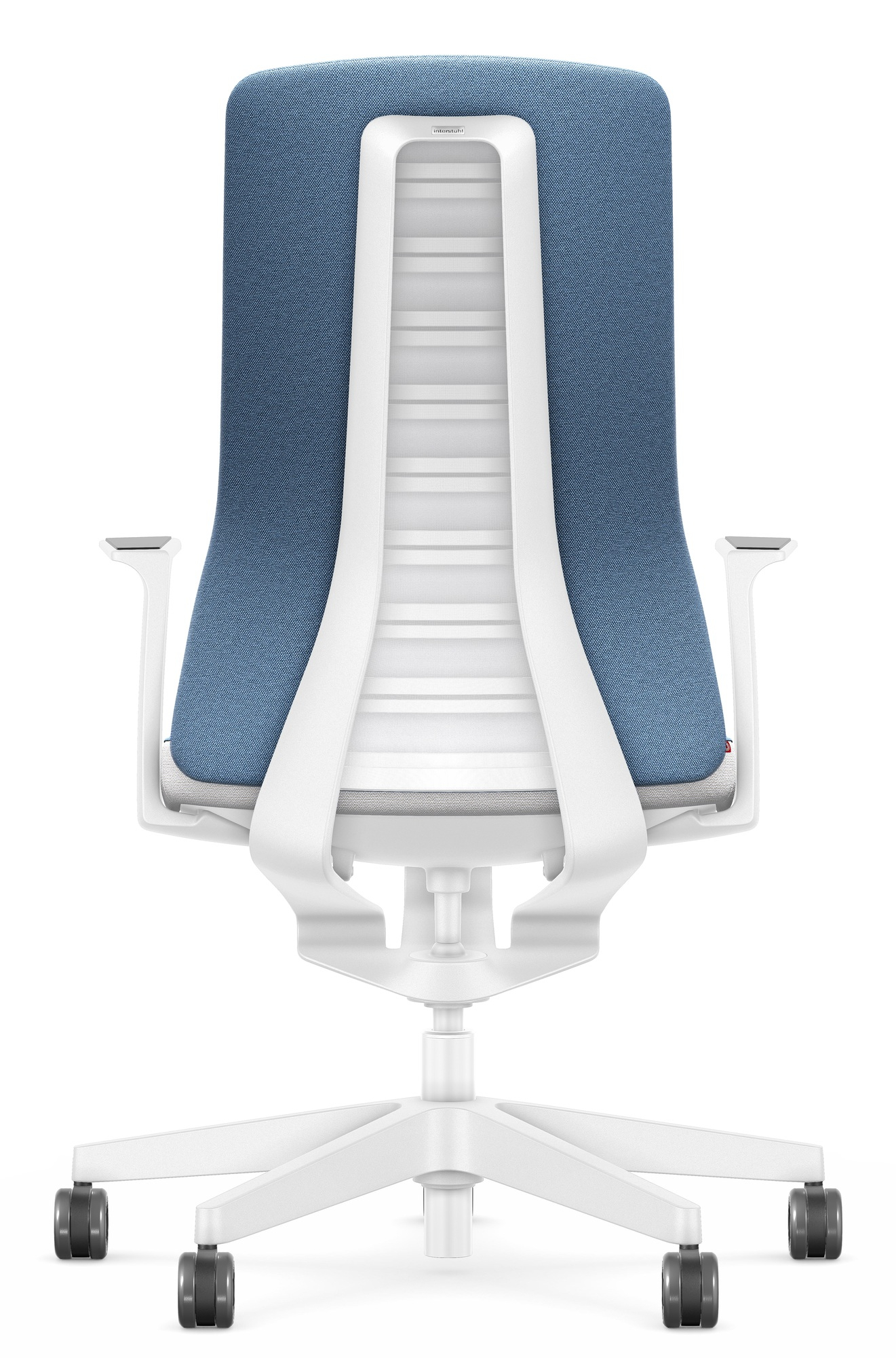 Rückansicht: Blauer Interstuhl Bürodrehstuhl Pure Edition mit weißem Rahmen und Rollen.