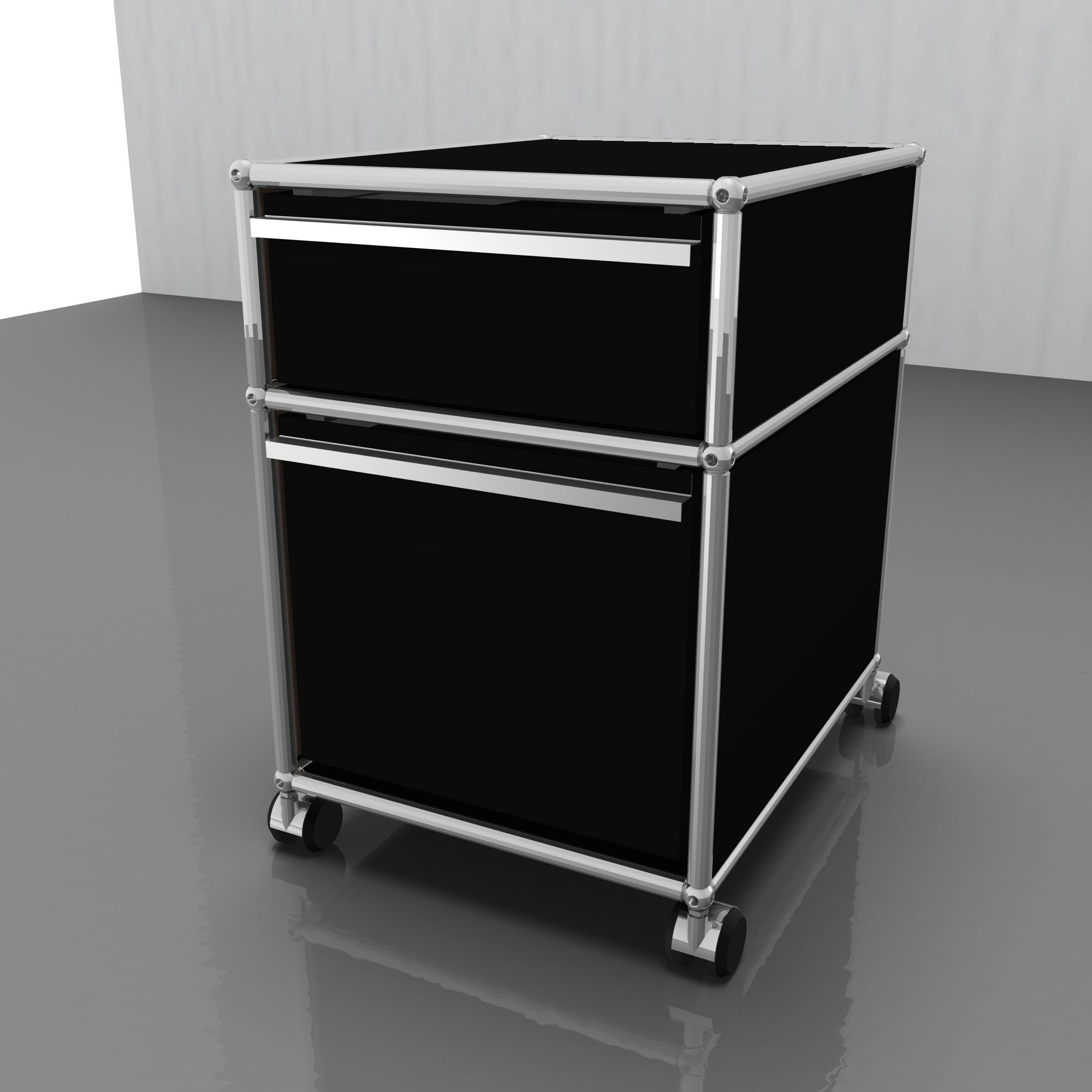 Schwarzer USM Haller Rollcontainer mit zwei Schubladen und Hängeregistratur für Büro und Arbeitszimmer.