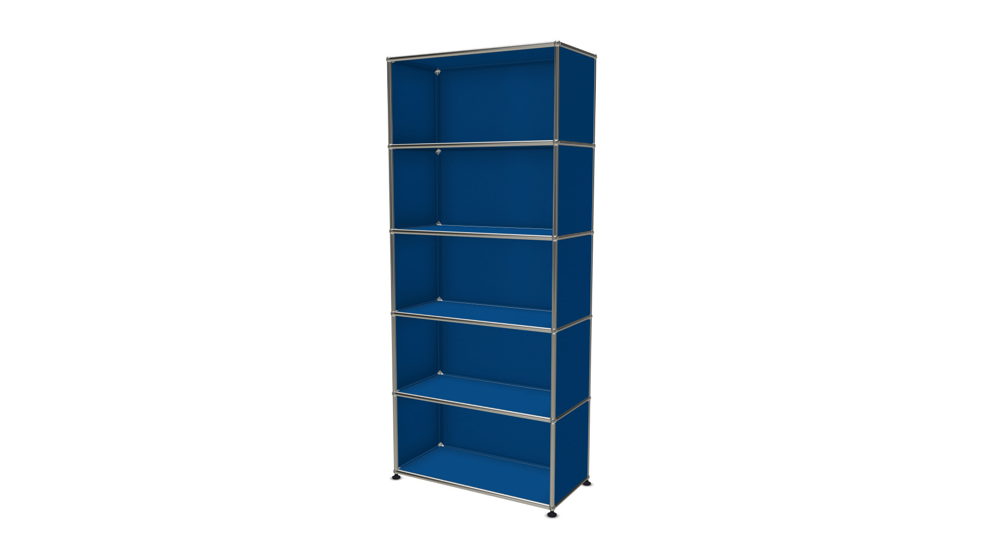 USM Haller Regal in Enzianblau mit fünf Fächern und verchromtem Gestell, modernes Design.