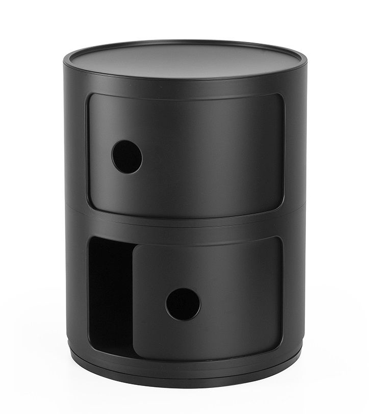 Schwarzes Kartell Componibili 2er Element mit zwei Fächern, Schubladenelement und runden Eingriffslöchern.