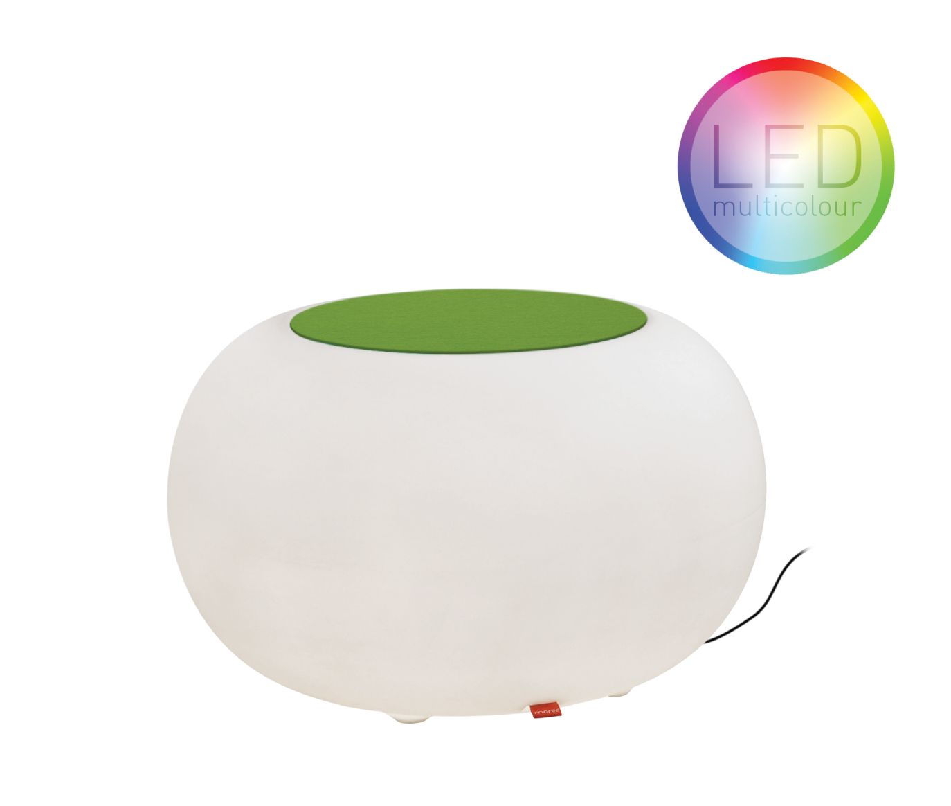 Bubble LED Outdoor Beistelltisch von Moree mit grünem Sitzkissen, vielseitige Gartenleuchte.