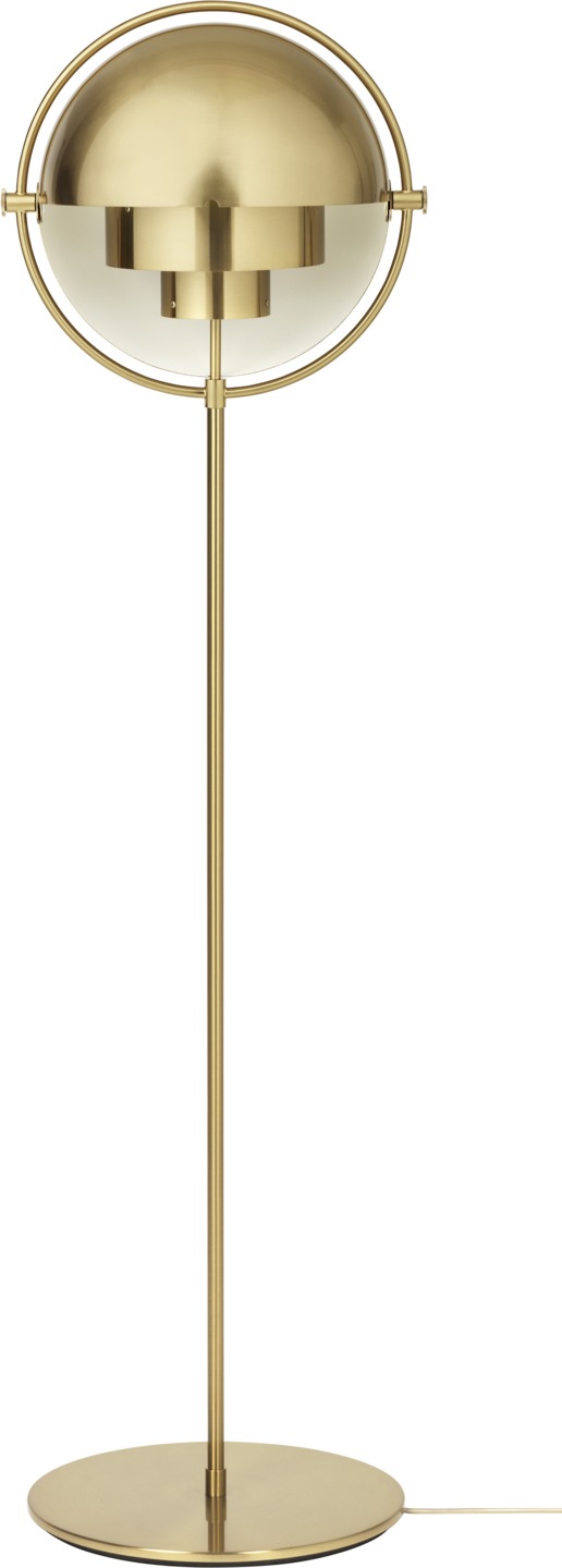 Multi-Lite Stehleuchte von Gubi in Messing: Elegante Bodenleuchte mit rundem Lampenschirm und Messinggestell.