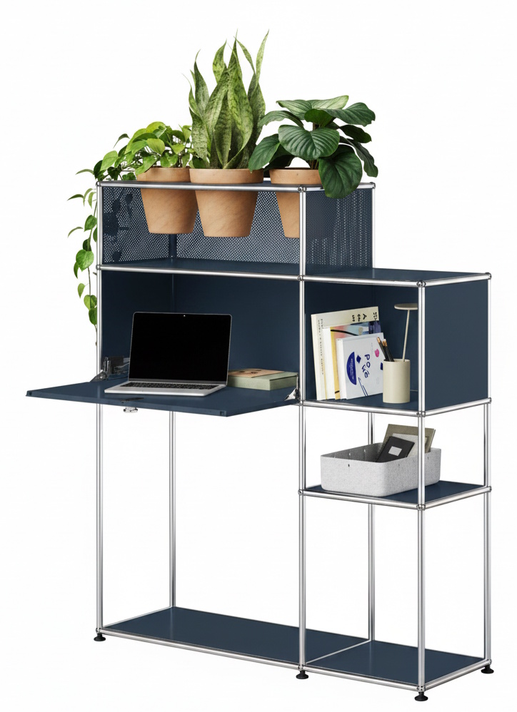 Home Office mit Pflanzenelement USM Haller Stahlblau