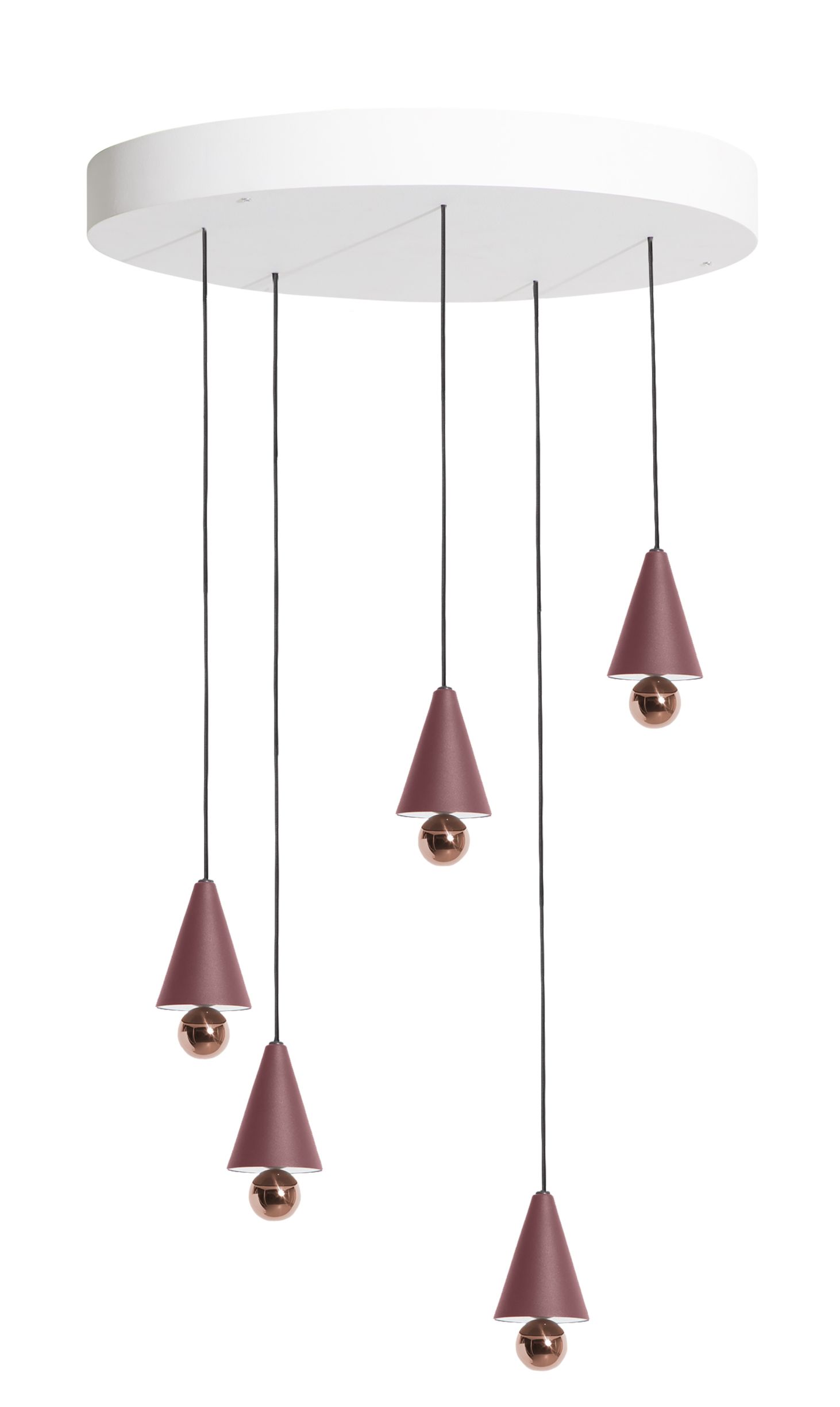 Cherry Pendant light Pendelleuchte 5-er Set Braunrot von Petite Friture mit runder, weißer Deckenplatte.