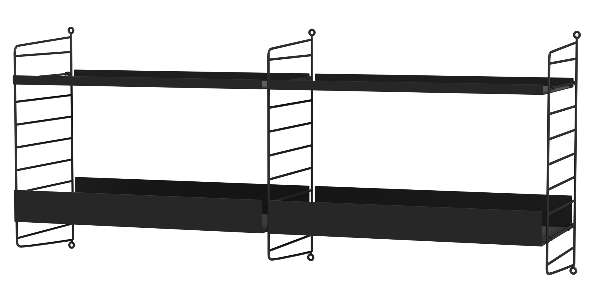 Schwarzes String Regal mit zwei Regalböden und zwei Ablagefächern für die Wand.