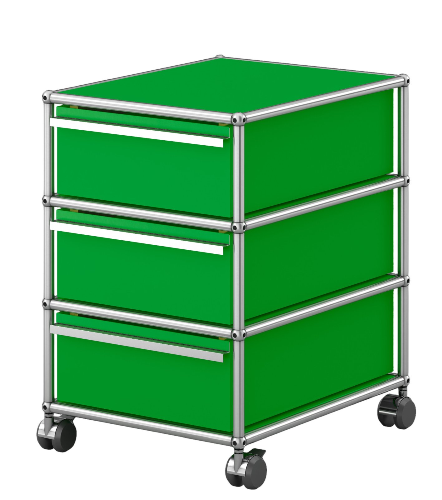 Grüner USM Haller Rollcontainer mit drei Schubladen und silbernem Gestell auf Rollen.