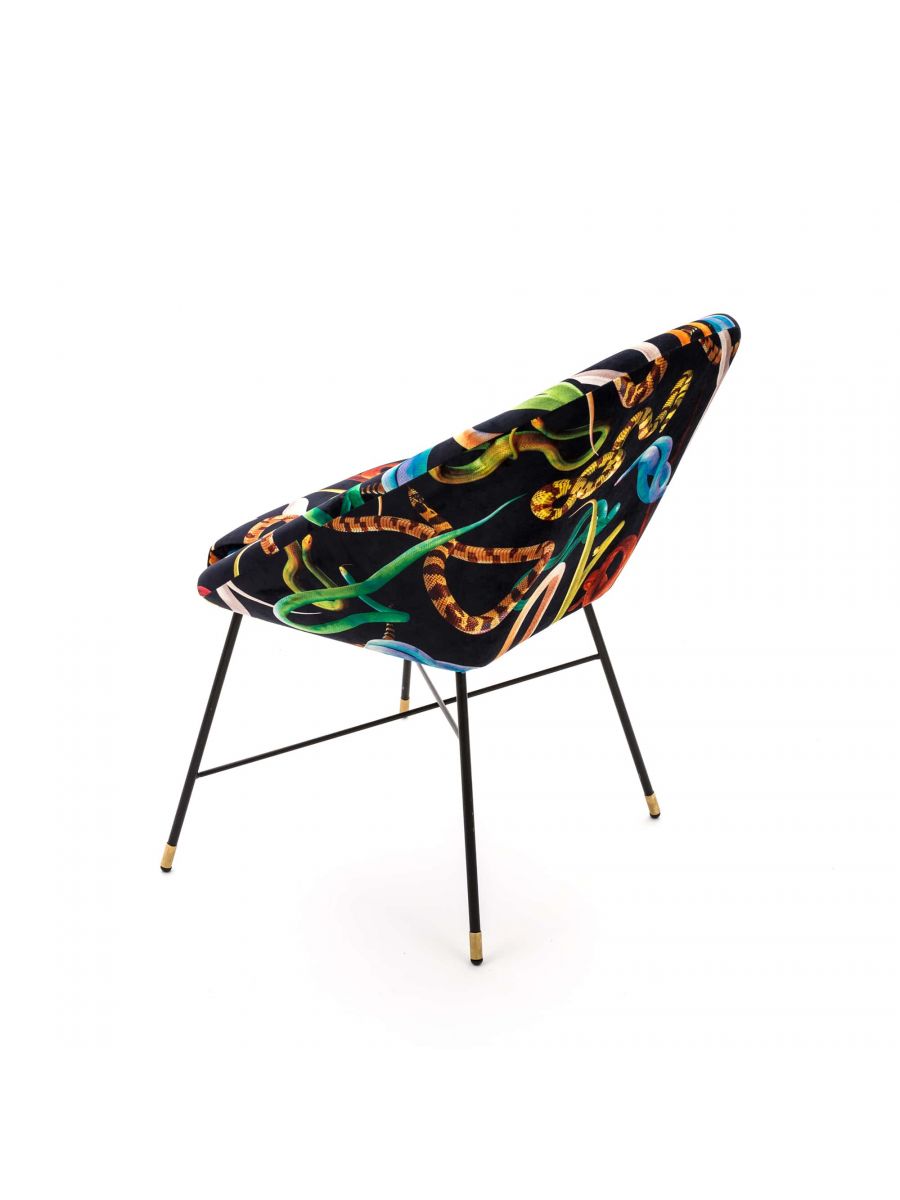 Toiletpaper Polsterstuhl Snakes Seletti Toiletpaper Polsterstuhl Snakes Seletti mit schwarzem Bezug und bunten Schlangen, Metallbeine.