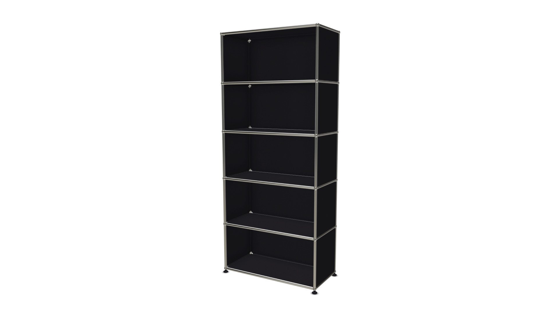 Schwarzes USM Haller Regal mit fünf Fächern, modernes modulares Designmöbel für Büro und Wohnzimmer.