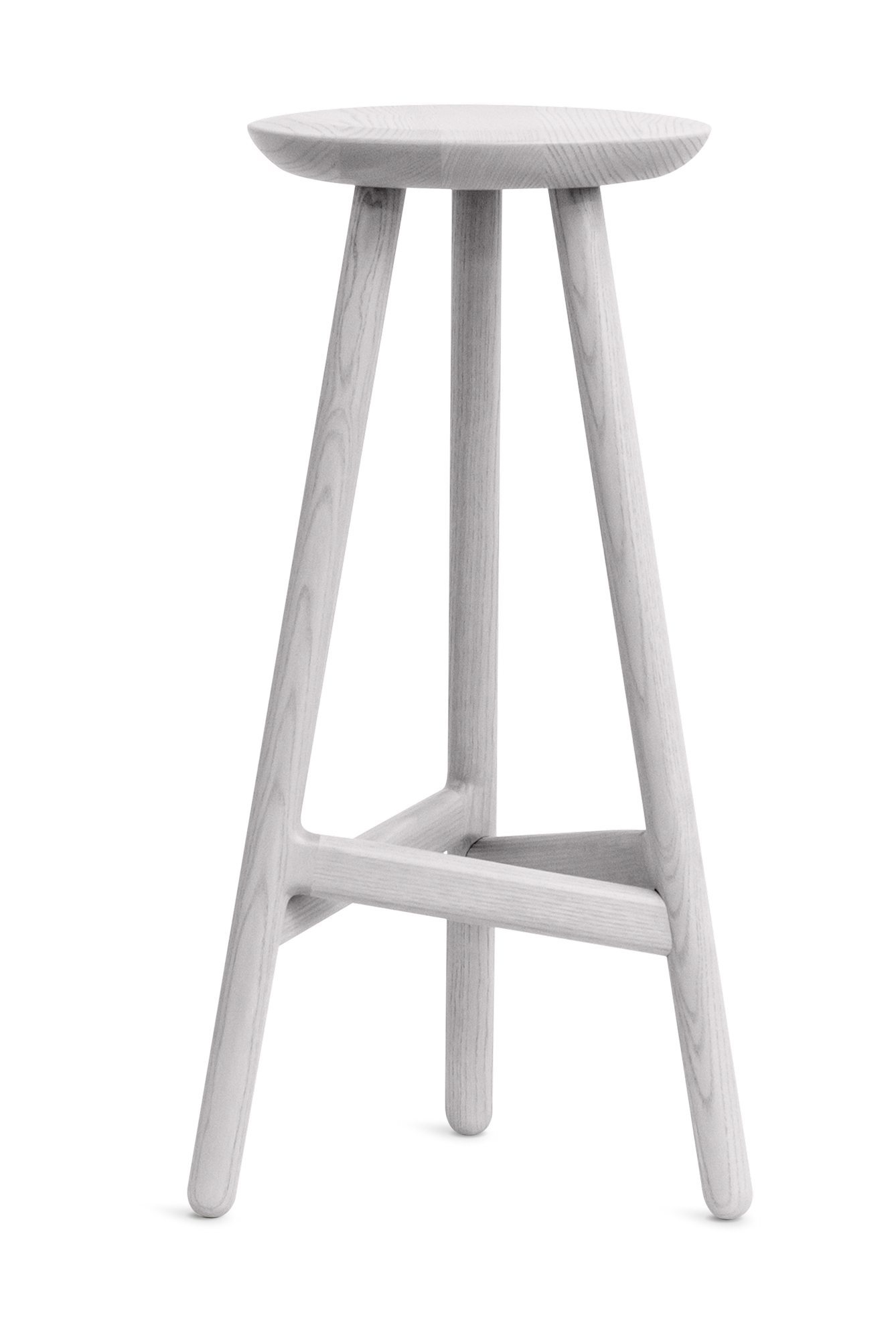 Ninety Stool Barhocker aus Esche in Grau. Moderner Hocker mit drei Beinen.