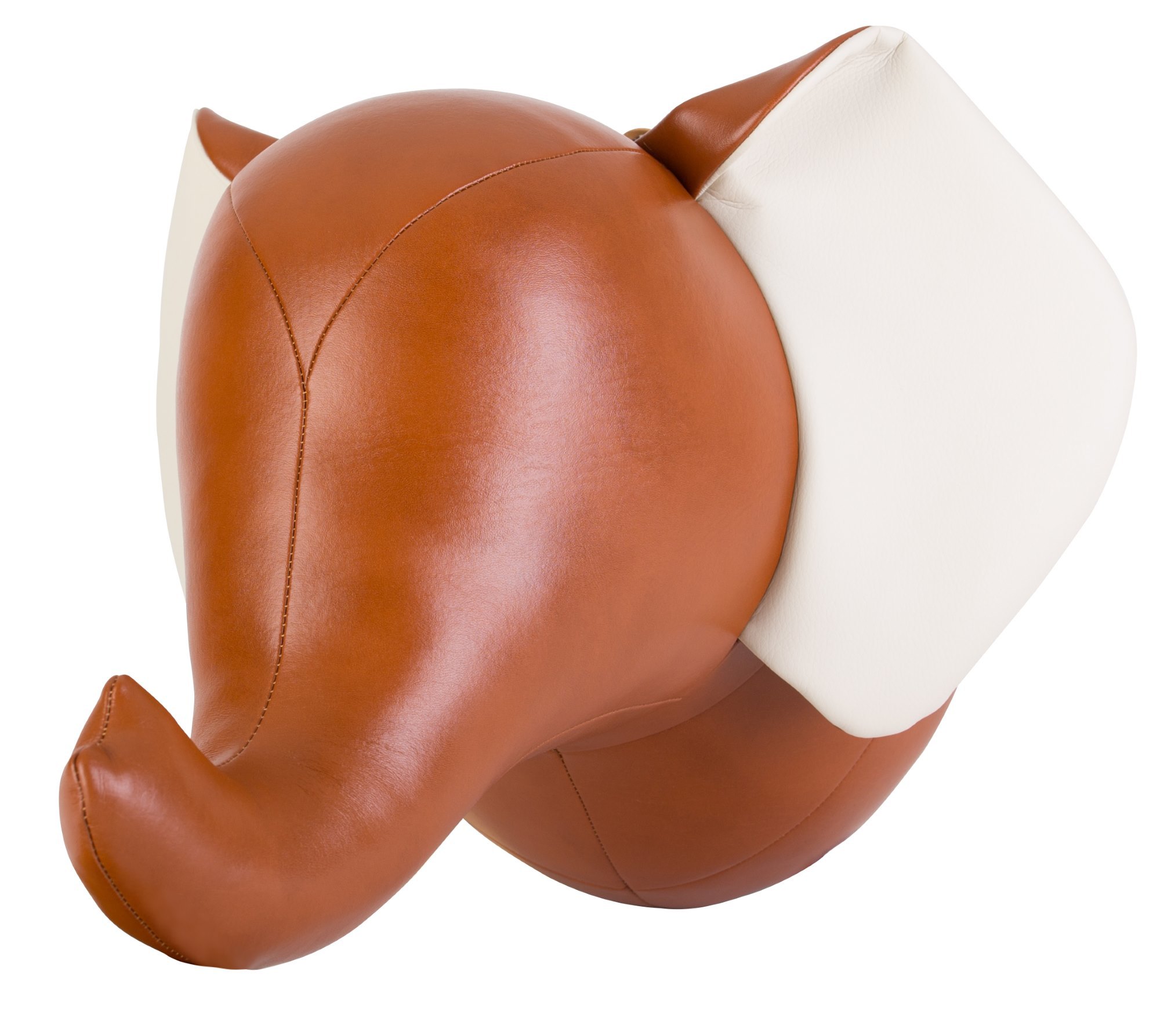 Detailaufnahme des Züny-Elefanten als Wanddekoration, braunes Kunstleder mit weißen Ohren, stilvolle Wandmontage für Kinderzimmer.