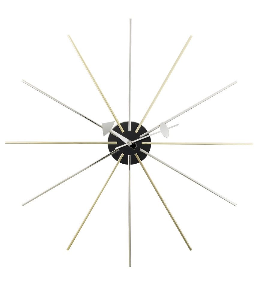 Star Clock Wanduhr von Vitra: Moderne Wanduhr mit goldenen und silbernen Strahlen.