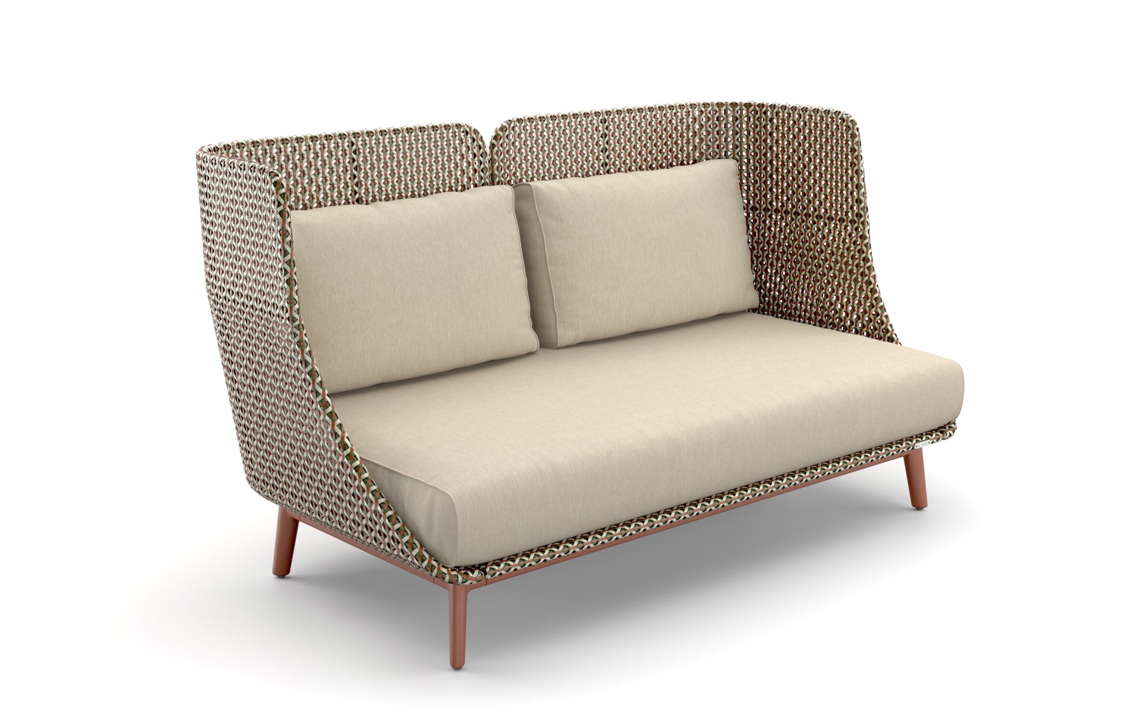 Mbarq Sofa: Dedon 3-Sitzer Gartensofa mit hoher Rückenlehne und beigen Polstern für den Außenbereich.