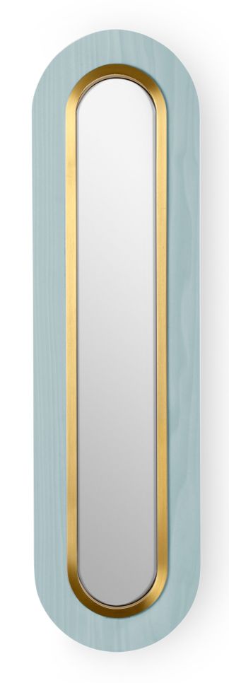 Lens LED Wandleuchte von LZF Lamps: Ovale, gestreckte Leuchte in Meeresblau mit goldenem Metallring.