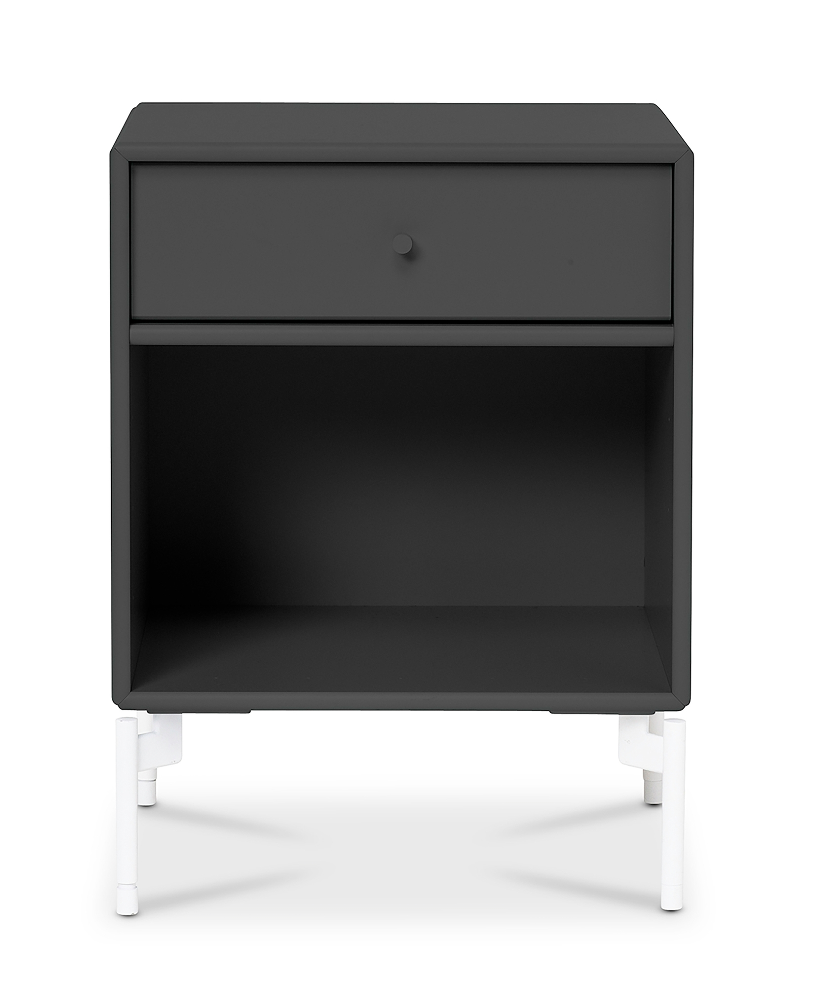 Anthrazitfarbener Nachttisch mit Schublade und offenem Fach, DREAM Design, auf weißen Füßen.