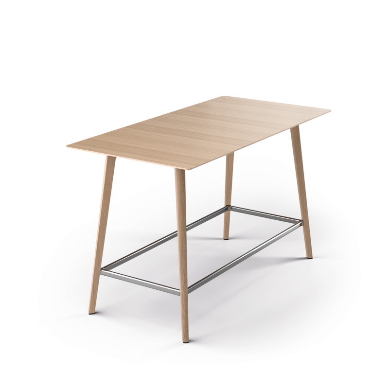 Fina Club Stehtisch von Brunner mit Holzplatte und Fußstütze aus Metall, freigestellt.