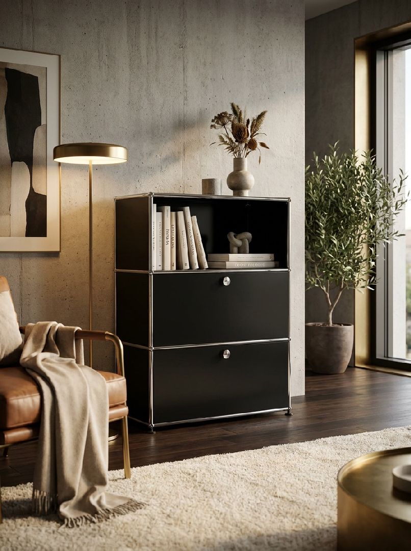 USM Haller Highboard mit 2 Klappen und 1 Fach offen-reinorange