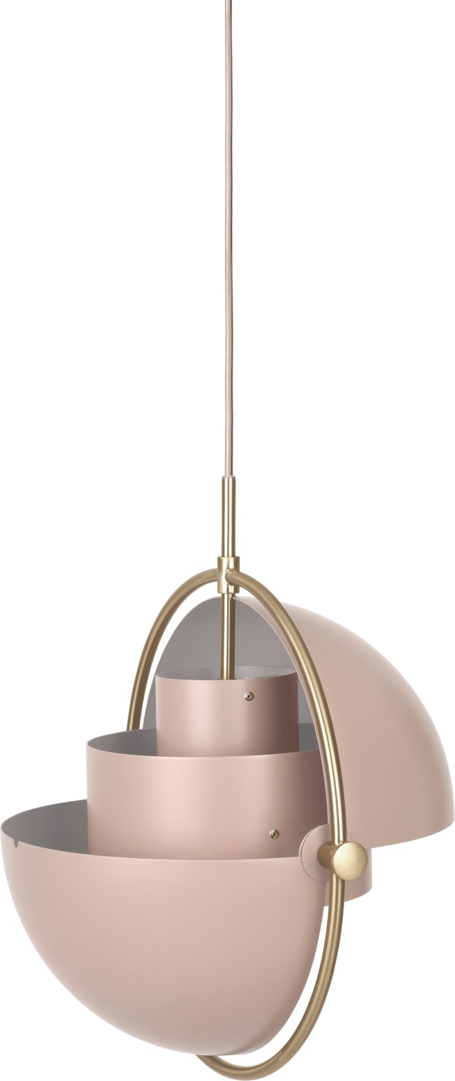 Gubi Multi-Lite Pendelleuchte in Rose Dust und Messing, moderne Hängelampe für Wohnräume.