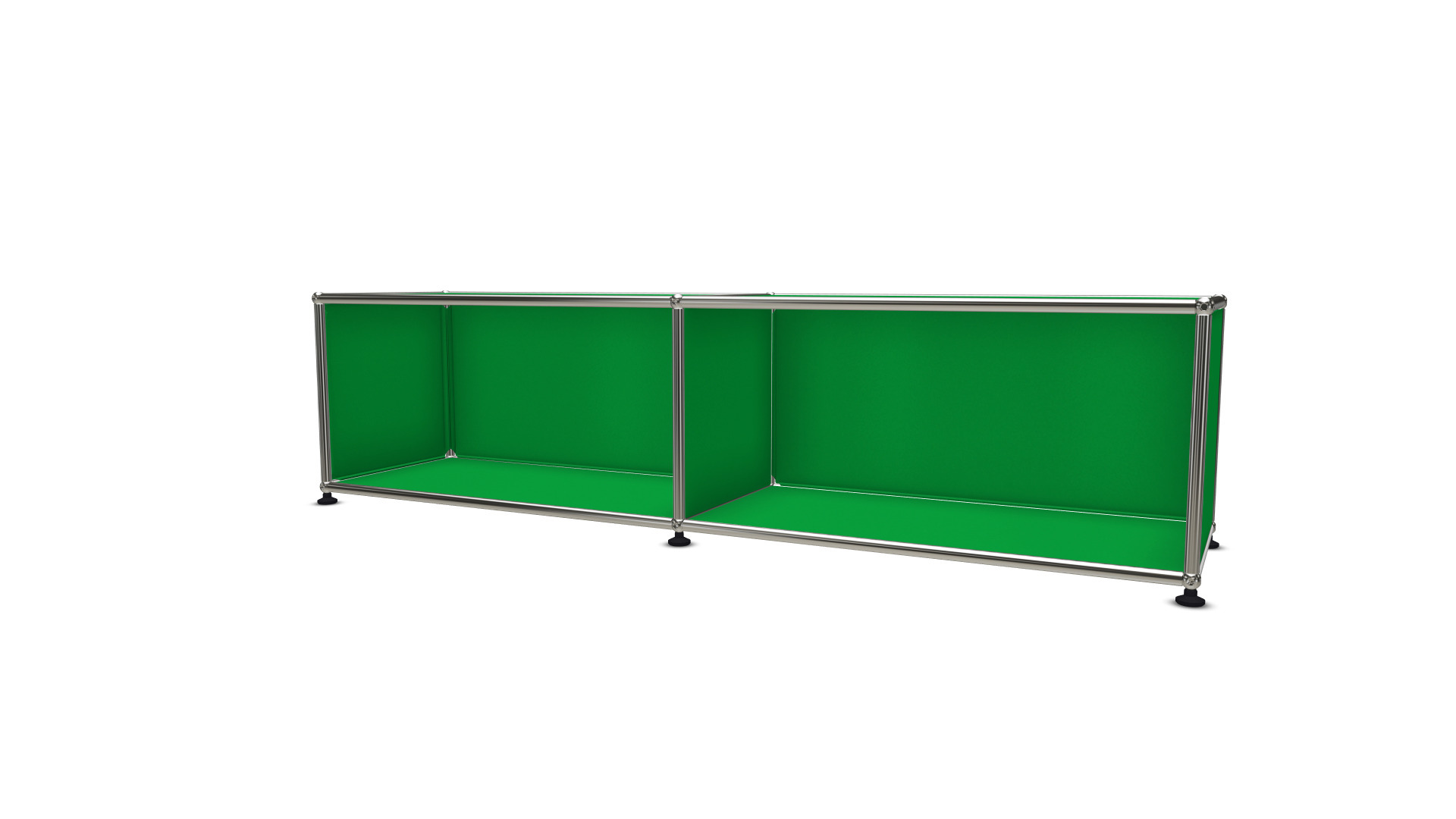 USM Haller Lowboard in Grün mit offenen Fächern und verchromtem Stahlrohr-Gestell für Wohnzimmer.
