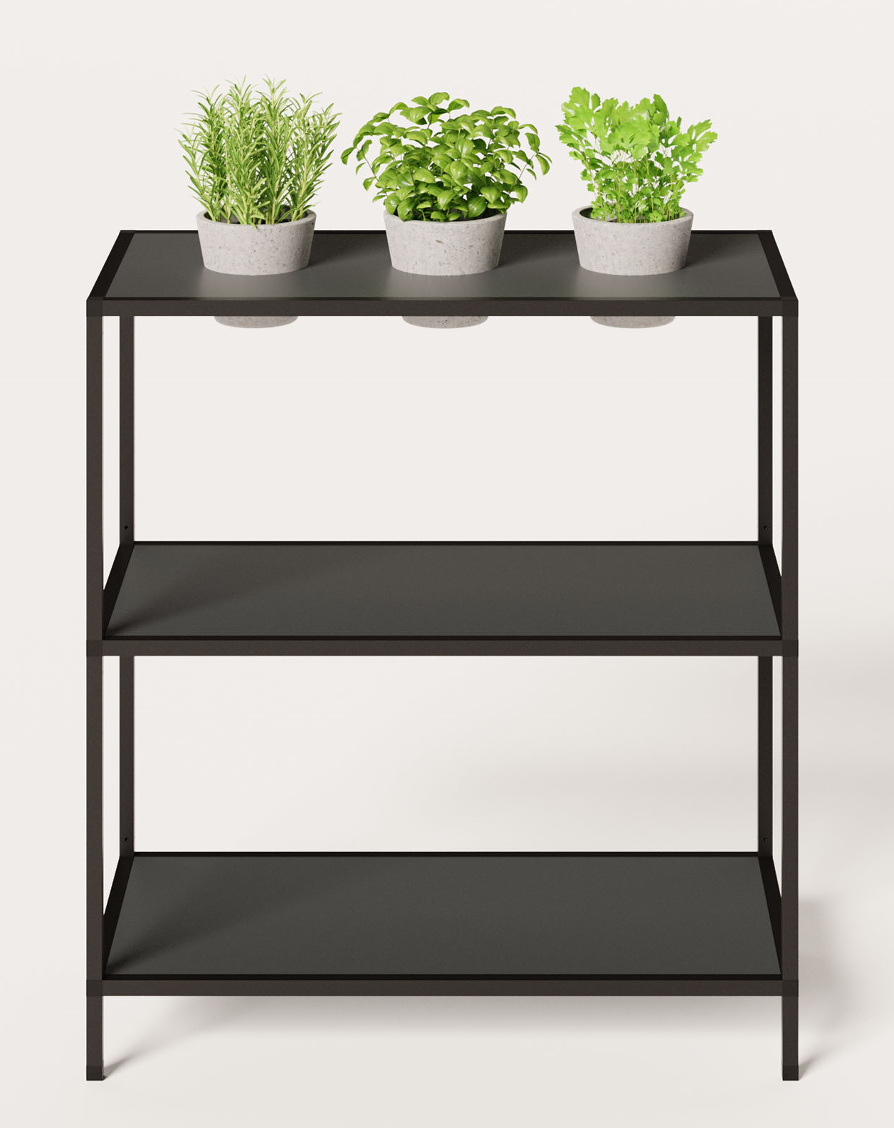 Schwarzes P4 Regal mit zwei Fächern von Palmberg, bepflanzt mit Kräutern, für Büro und Zuhause.