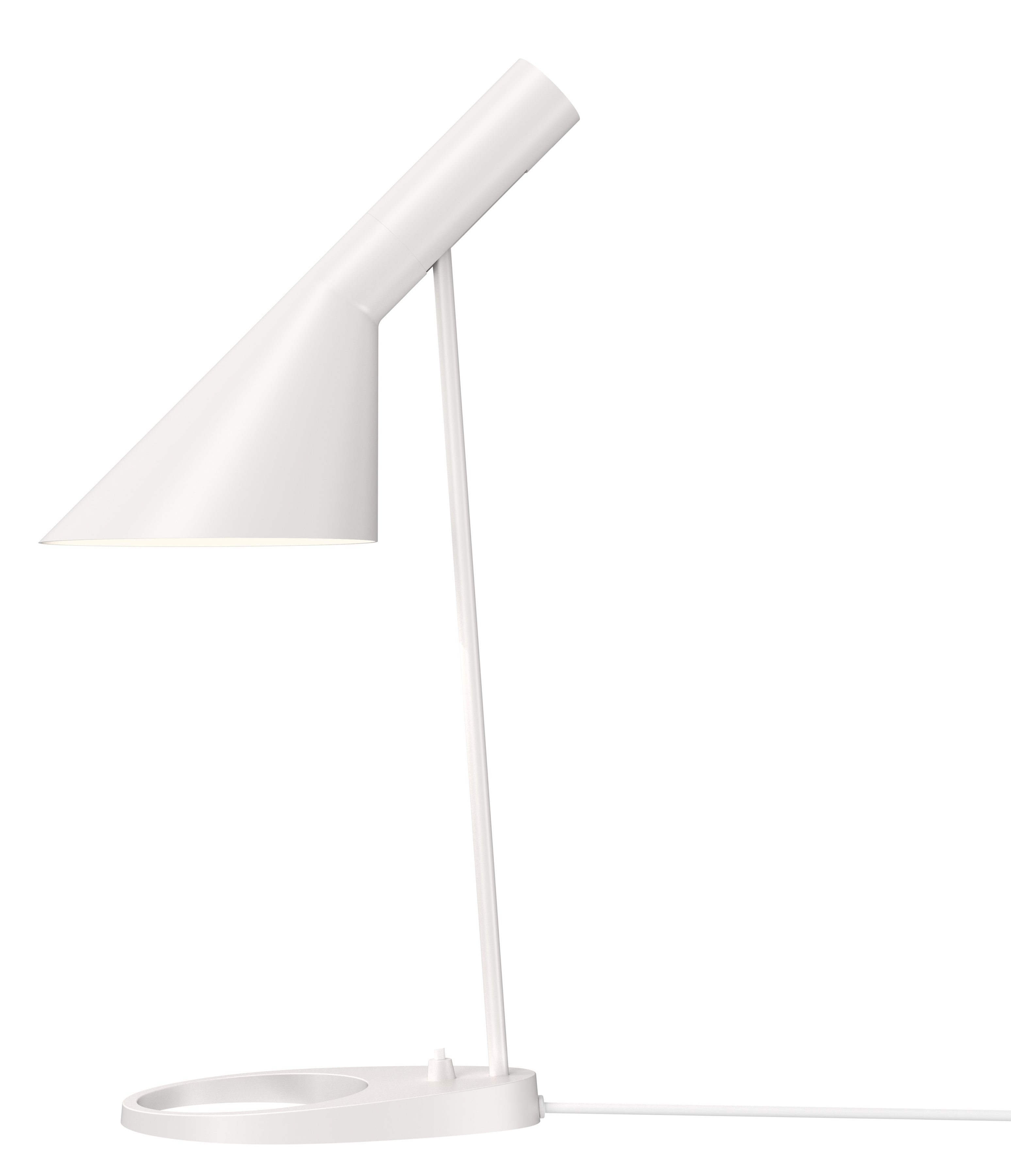 Weiße AJ Tischleuchte von Louis Poulsen, modernes Design für Schreibtisch und Nachttisch.