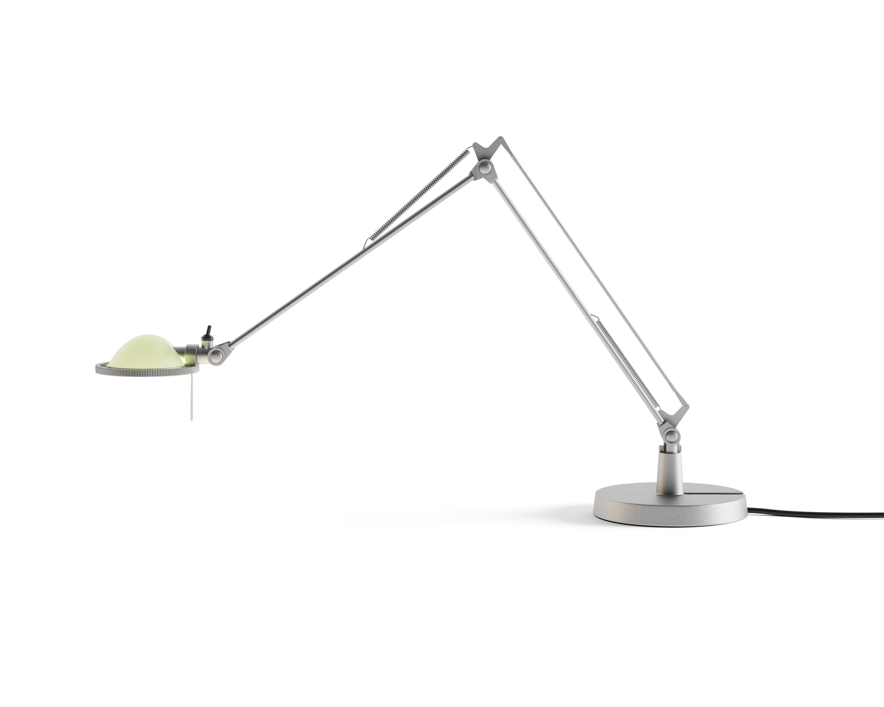 Silberne Schreibtischleuchte Berenice mit salbeigrünem Glasreflektor von Luceplan. Verstellbare Arbeitsleuchte für Büro und Zuhause.