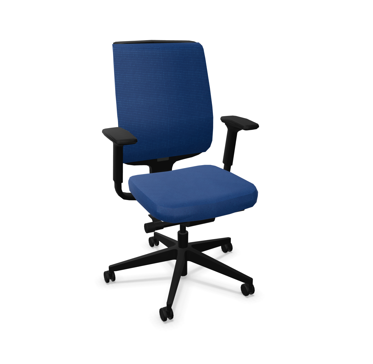 Blauer Bürostuhl mit Netzrücken, schwarzem Fußkreuz und Armlehnen. Ergonomischer Arbeitsstuhl für Büro und Homeoffice.