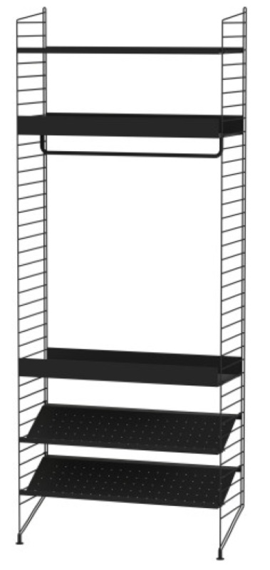 Schwarzes String Regalsystem mit Regalböden, Kleiderstange und Schuhablage für Schlafzimmer und Ankleidezimmer.