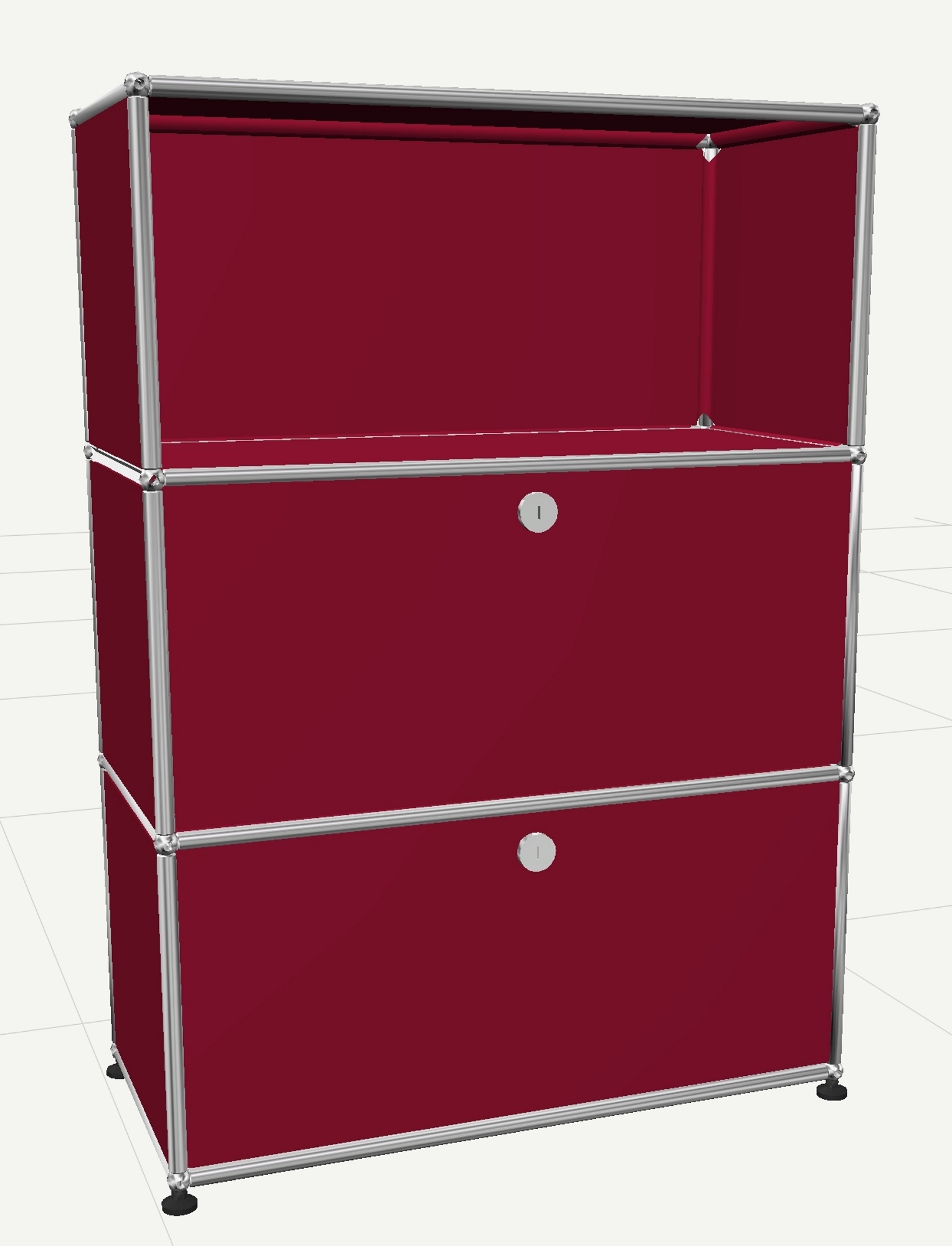 USM Haller Highboard in Rubinrot mit zwei Klappen und einem offenen Fach, modernes Designmöbel.
