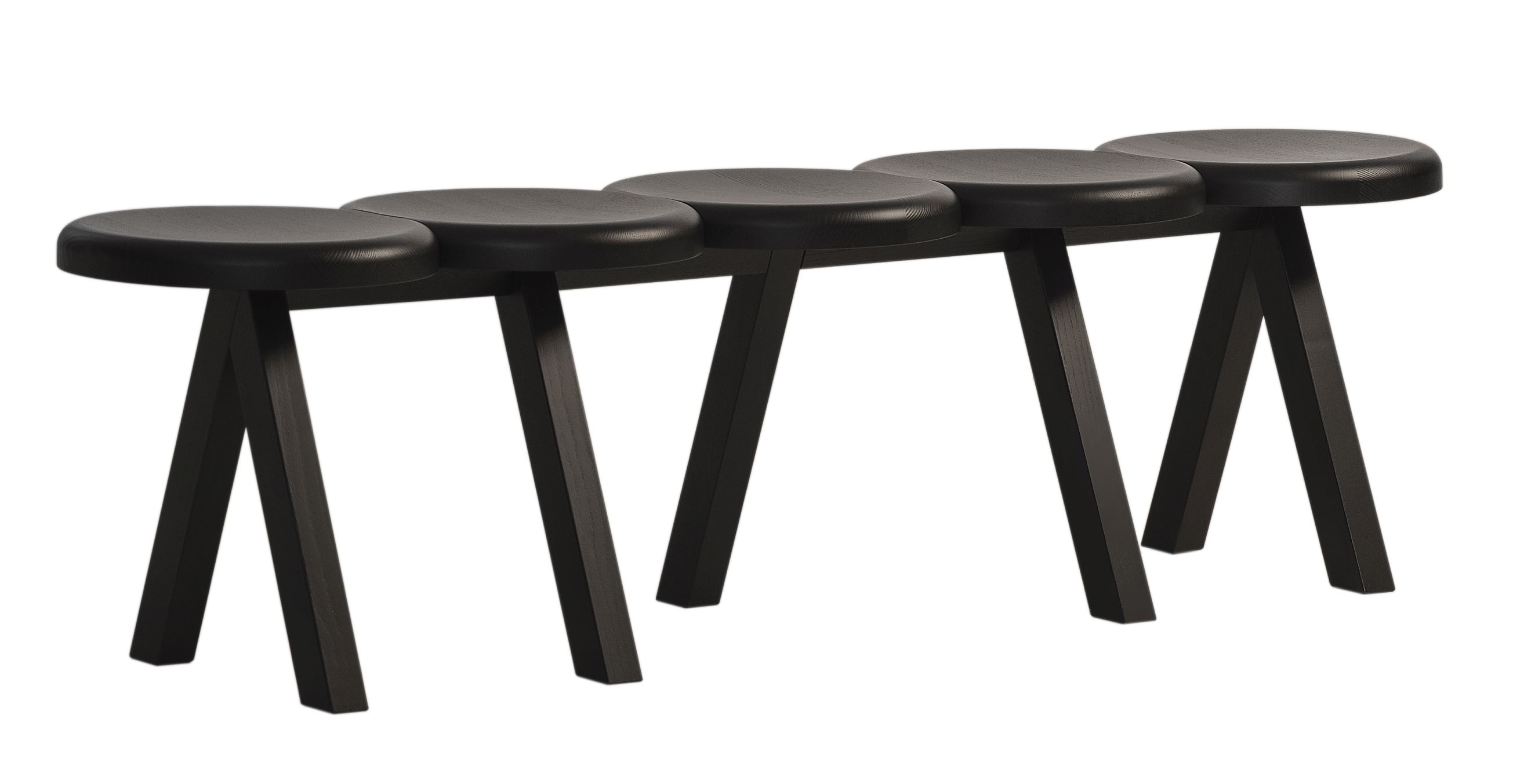 Schwarze Millepiedi Bank von Driade mit fünf runden Sitzflächen und schrägen Beinen. Design Sitzbank.