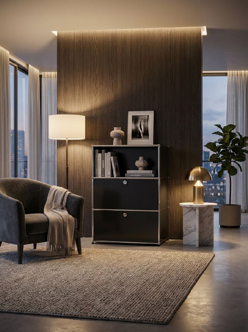 USM Haller Highboard mit 2 Klappen und 1 Fach offen-reinorange