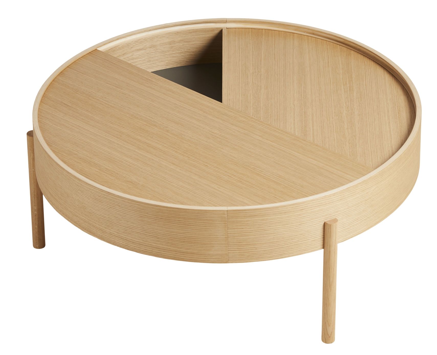 Runder Arc Coffee Table von Woud aus hellem Holz mit Stauraum.