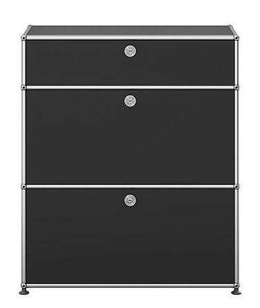 USM Haller Highboard in Anthrazit mit zwei Klappen und verchromtem Gestell, modernes Designmöbel für Büro und Wohnraum.