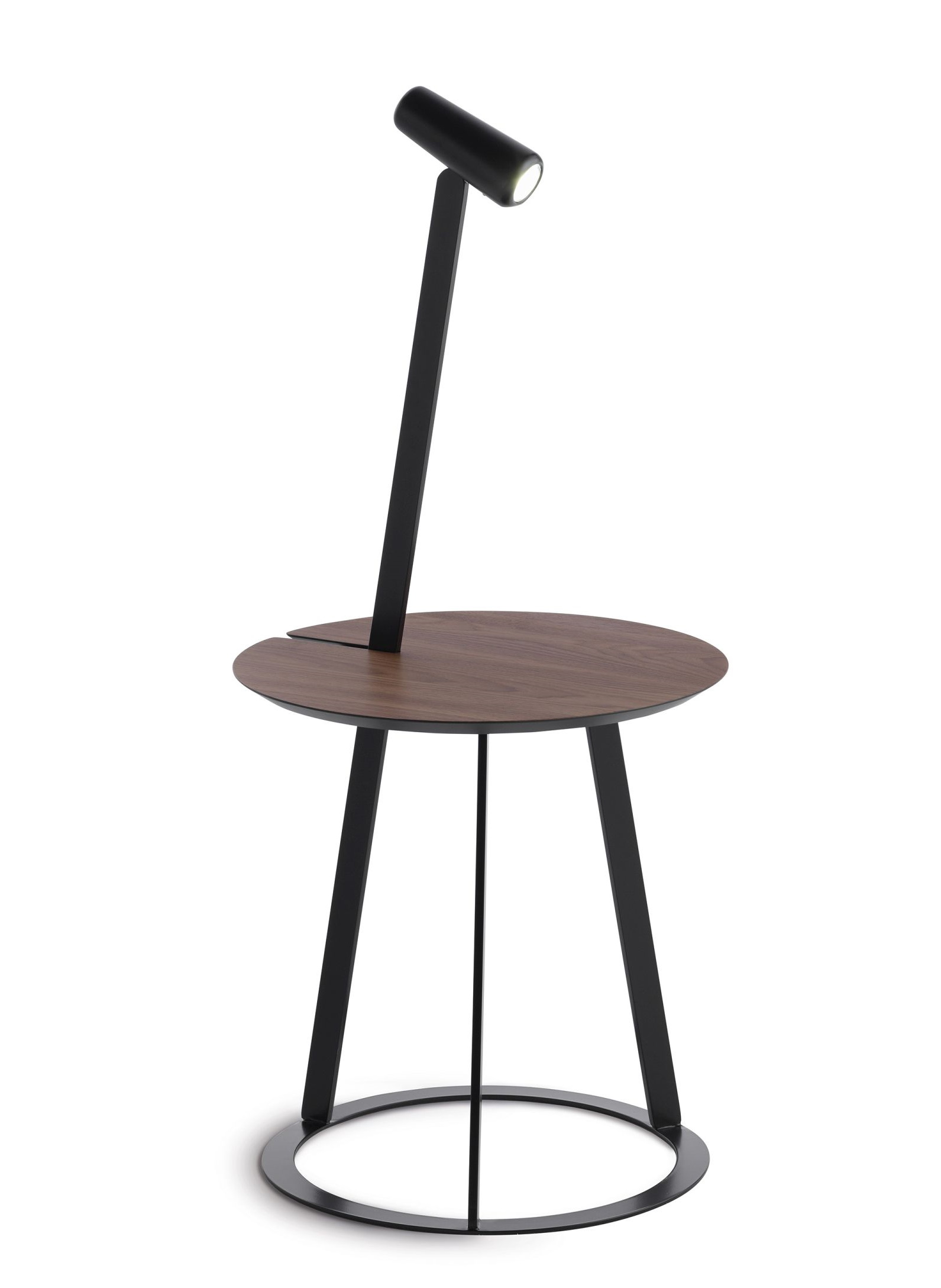 Albino Torcia Beistelltisch mit Walnussplatte und integrierter, schwarzer Leuchte für Wohnzimmer und Schlafzimmer.