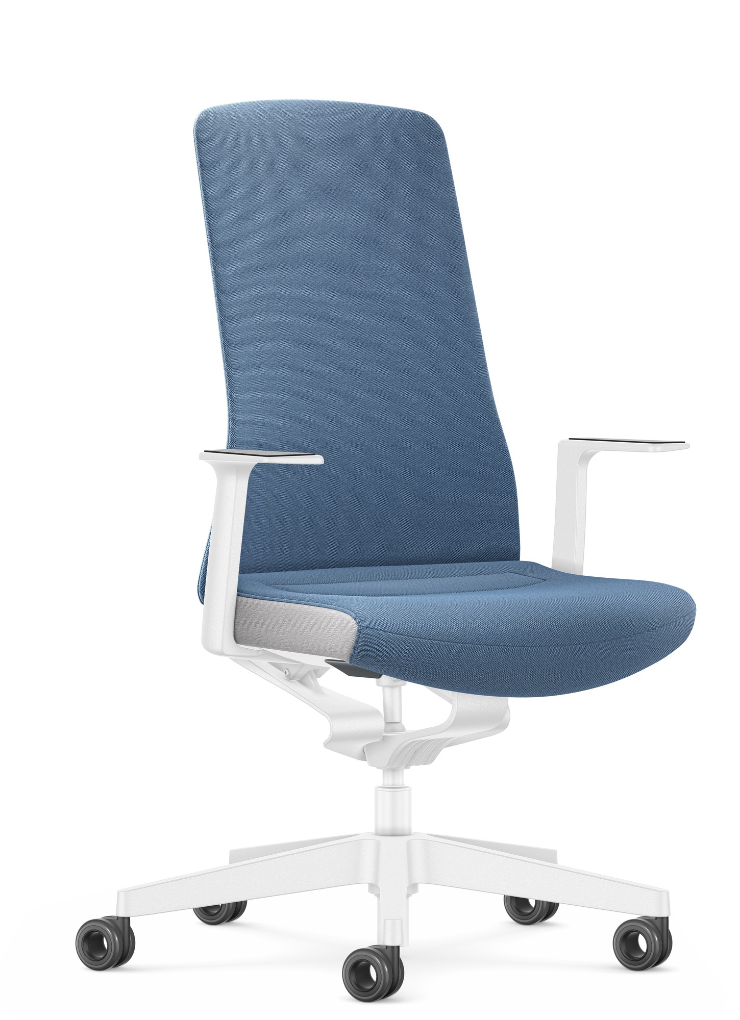 Blauer Interstuhl Bürostuhl mit hoher Rückenlehne und weißen Armlehnen, ergonomischer Drehstuhl für Büro.