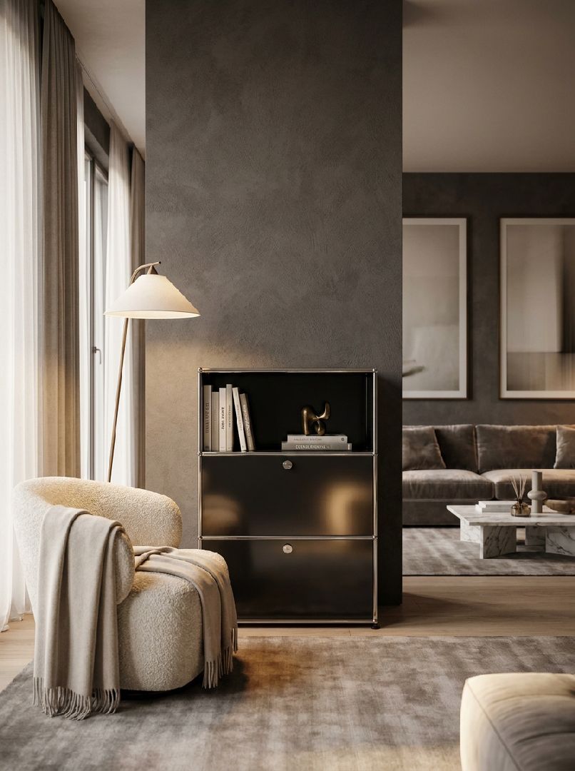 USM Haller Highboard mit 2 Klappen und 1 Fach offen-reinorange