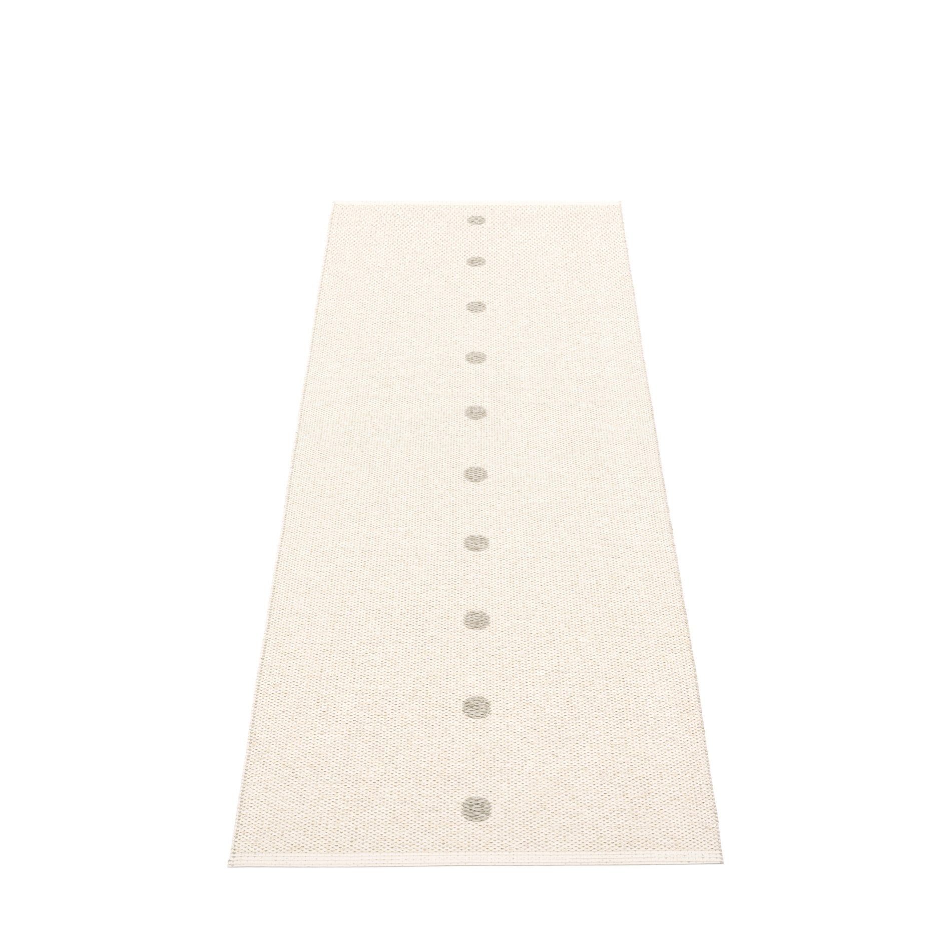 Pappelina Peg Kunststoffteppich in Leinen, 70x200 cm, mit grauen Punkten. Moderner Teppich für Innenräume.