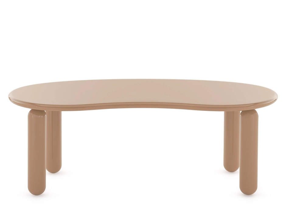 Undique Mas Couchtisch von Kartell in Puder: Moderner, niedriger Wohnzimmertisch mit abgerundeter Tischplatte und zylinderförmigen Beinen.