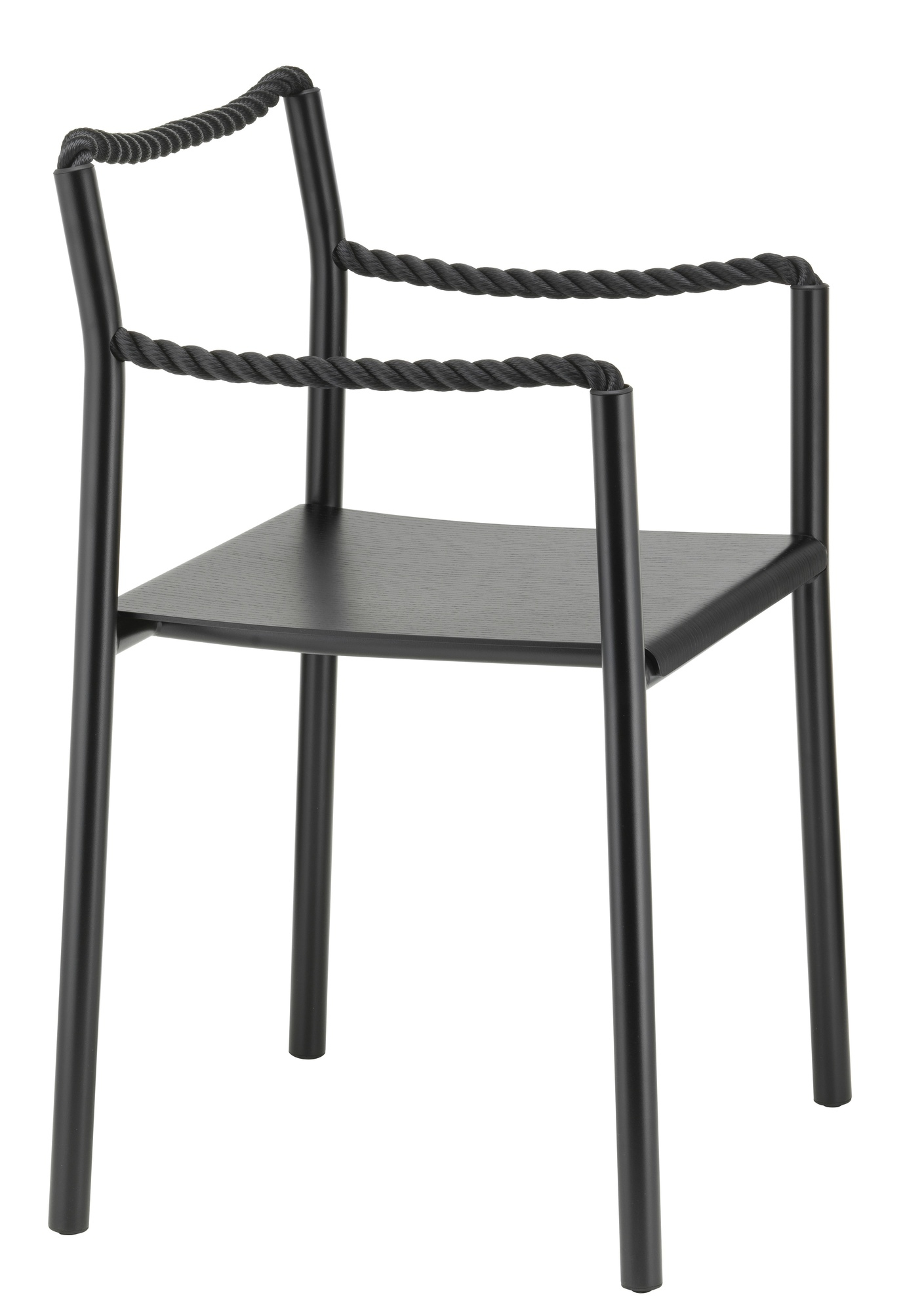 Schwarzer Artek Rope Chair Stuhl mit Seil-Details für Rückenlehne und Armlehnen. Design Möbel.